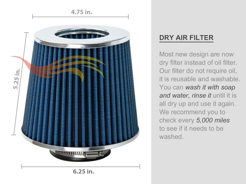 Rtunes Racing BLUE 4" 102 mm Inlet Truck Cold Air Cone Replacement Performance Washable Clamp-On Dry Air Filter (8" Tall) - Image 5